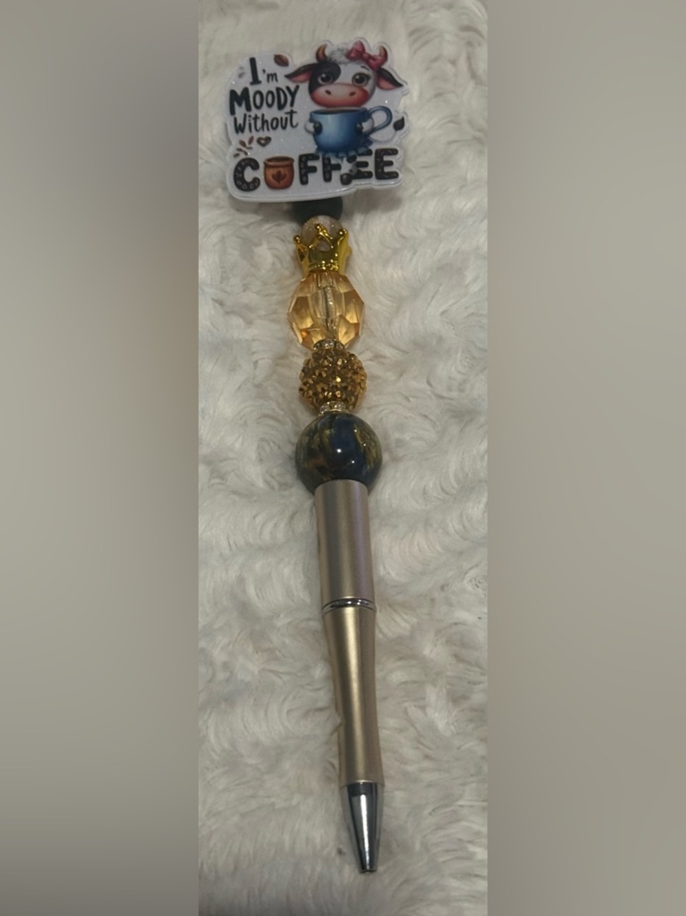 Decorative Gold Beaded Ballpoint Pen - 'I'm Moody Without Coffee' Charm